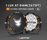 Two Lightfox driving lights with branding and specifications on a dark background